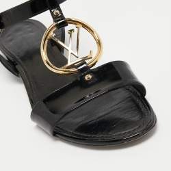 Pre Owned Louis Vuitton Black Patent Leather LV Logo Slingback Flat Sandals Size 39