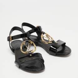 Pre Owned Louis Vuitton Black Patent Leather LV Logo Slingback Flat Sandals Size 39