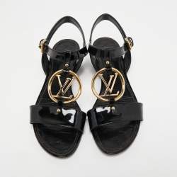 Pre Owned Louis Vuitton Black Patent Leather LV Logo Slingback Flat Sandals Size 39