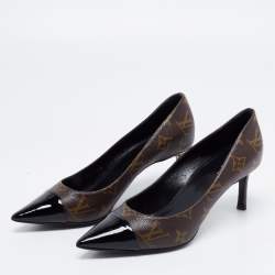 Louis Vuitton Brown/Black Monogram Canvas And Patent Leather Cap Toe Fetish Pointed Toe Pumps Size 36
