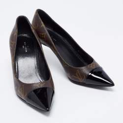 Louis Vuitton Brown/Black Monogram Canvas And Patent Leather Cap Toe Fetish Pointed Toe Pumps Size 36
