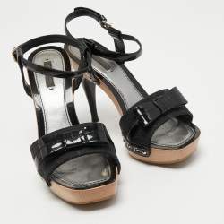 Louis Vuitton Black Leather and Monogram Canvas Bow Ankle Strap Sandals Size 38