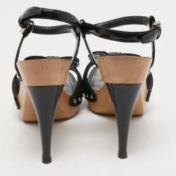 Louis Vuitton Black Leather and Monogram Canvas Bow Ankle Strap Sandals Size 38