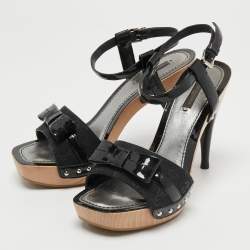 Louis Vuitton Black Leather and Monogram Canvas Bow Ankle Strap Sandals Size 38