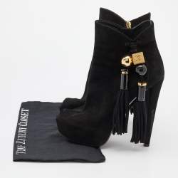 Pre Owned Louis Vuitton Black Suede Tassel Peep Toe Platform Booties Size 38