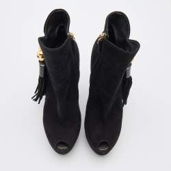 Pre Owned Louis Vuitton Black Suede Tassel Peep Toe Platform Booties Size 38