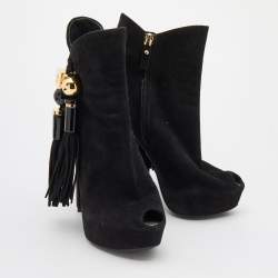 Pre Owned Louis Vuitton Black Suede Tassel Peep Toe Platform Booties Size 38