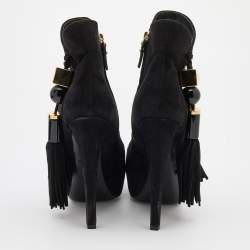 Pre Owned Louis Vuitton Black Suede Tassel Peep Toe Platform Booties Size 38