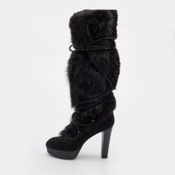 Louis Vuitton Black Suede and Fox Fur Knee Length Boots Size 38