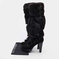 Pre Owned Louis Vuitton Black Suede and Fox Fur Knee Length Boots Size 38