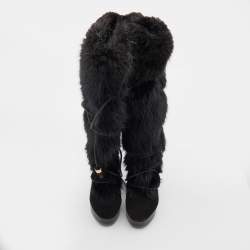 Pre Owned Louis Vuitton Black Suede and Fox Fur Knee Length Boots Size 38