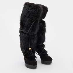 Pre Owned Louis Vuitton Black Suede and Fox Fur Knee Length Boots Size 38
