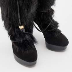 Pre Owned Louis Vuitton Black Suede and Fox Fur Knee Length Boots Size 38