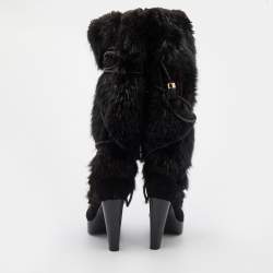 Pre Owned Louis Vuitton Black Suede and Fox Fur Knee Length Boots Size 38