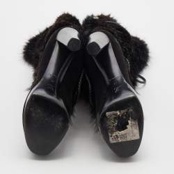 Pre Owned Louis Vuitton Black Suede and Fox Fur Knee Length Boots Size 38