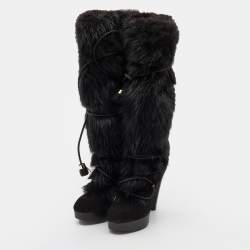 Pre Owned Louis Vuitton Black Suede and Fox Fur Knee Length Boots Size 38