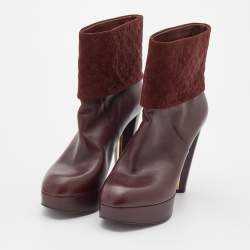 مملوكة مسبقًا Louis Vuitton Burgundy Monogram Embossed Suede and Leather Platform Ankle Length Boots Size 38