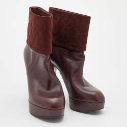 مملوكة مسبقًا Louis Vuitton Burgundy Monogram Embossed Suede and Leather Platform Ankle Length Boots Size 38
