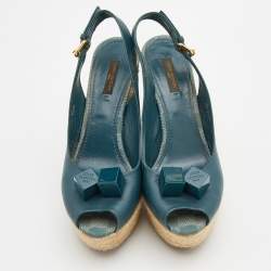 Pre Owned Louis Vuitton Teal Green Leather Dice Embellished Espadrille Sandals Size 38.5