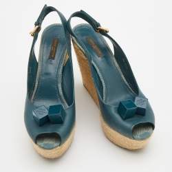 Pre Owned Louis Vuitton Teal Green Leather Dice Embellished Espadrille Sandals Size 38.5