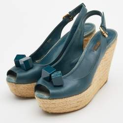 Pre Owned Louis Vuitton Teal Green Leather Dice Embellished Espadrille Sandals Size 38.5