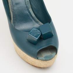 Pre Owned Louis Vuitton Teal Green Leather Dice Embellished Espadrille Sandals Size 38.5