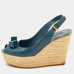 Pre Owned Louis Vuitton Teal Green Leather Dice Embellished Espadrille Sandals Size 38.5