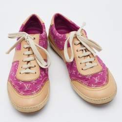 Pre Owned Louis Vuitton Pink/Beige Monogram Mini Lin Canvas and Leather Low Top Sneakers Size 38