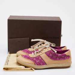 Pre Owned Louis Vuitton Pink/Beige Monogram Mini Lin Canvas and Leather Low Top Sneakers Size 38