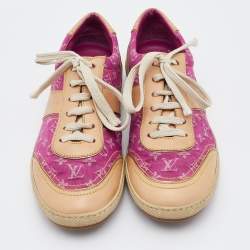 Pre Owned Louis Vuitton Pink/Beige Monogram Mini Lin Canvas and Leather Low Top Sneakers Size 38