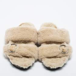 Pre Owned Louis Vuitton Beige Shearling Fur Flat Slides Size 39