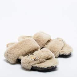 Pre Owned Louis Vuitton Beige Shearling Fur Flat Slides Size 39