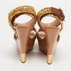Louis Vuitton Gold/Brown Sequins and Leather Wedge Platform Ankle Wrap Sandals Size 38 