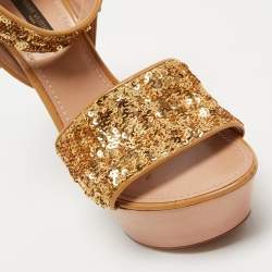 Louis Vuitton Gold/Brown Sequins and Leather Wedge Platform Ankle Wrap Sandals Size 38 