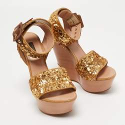 Louis Vuitton Gold/Brown Sequins and Leather Wedge Platform Ankle Wrap Sandals Size 38 