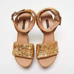 Louis Vuitton Gold/Brown Sequins and Leather Wedge Platform Ankle Wrap Sandals Size 38 