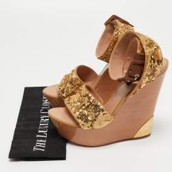 Louis Vuitton Gold/Brown Sequins and Leather Wedge Platform Ankle Wrap Sandals Size 38 