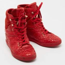 Louis Vuitton Red Monogram Suede And Python High Top Sneakers Size 38.5