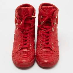 Louis Vuitton Red Monogram Suede And Python High Top Sneakers Size 38.5