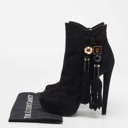 Pre Owned Louis Vuitton Black Suede Tassel Peep Toe Ankle Booties Size 38 