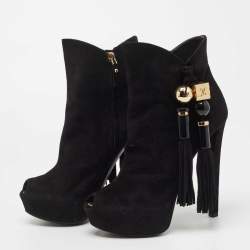 Pre Owned Louis Vuitton Black Suede Tassel Peep Toe Ankle Booties Size 38 