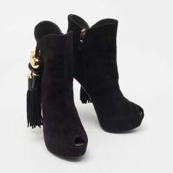 Pre Owned Louis Vuitton Black Suede Tassel Peep Toe Ankle Booties Size 38 