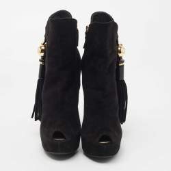 Pre Owned Louis Vuitton Black Suede Tassel Peep Toe Ankle Booties Size 38 