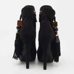 Pre Owned Louis Vuitton Black Suede Tassel Peep Toe Ankle Booties Size 38 