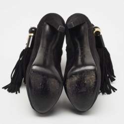 Pre Owned Louis Vuitton Black Suede Tassel Peep Toe Ankle Booties Size 38 