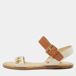 Louis Vuitton Cream/Brown Leather Slingback Flat Sandals Size 37
