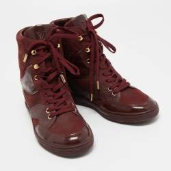 Louis Vuitton Burgundy Leather and Embossed Monogram Suede Millenium High Top Sneakers Size 37.5