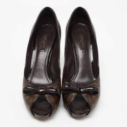 Louis Vuitton Brown Monogram Canvas and Patent Leather Bow Peep Toe Pumps Size 39