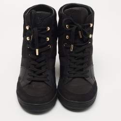 Pre Owned Louis Vuitton Black Leather and Embossed Monogram Suede Millenium Wedge Sneakers Size 37.5