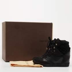 Pre Owned Louis Vuitton Black Leather and Embossed Monogram Suede Millenium Wedge Sneakers Size 37.5
